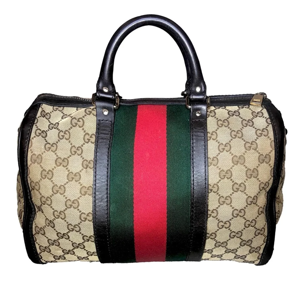 GUCCI GG Sherryline Boston Duffel Bag with Red and Green Stripe Removable Strap*